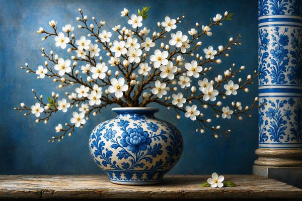 Delftse Bloesempracht – bloesem schilderij met Delfts blauwe vaas
