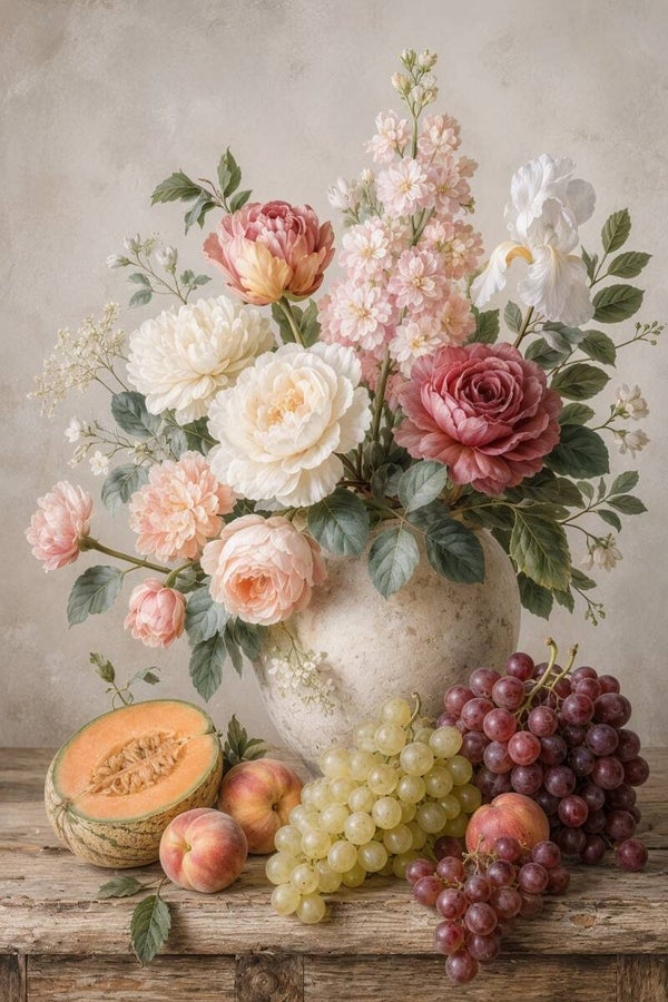 Oogst in Bloei – landelijk bloemen schilderij met fruit