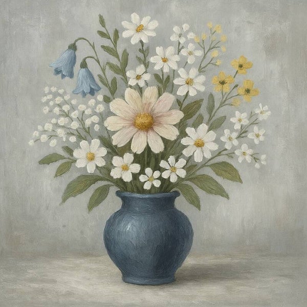 Blauwe Vaas Sereniteit – landelijk schilderij met witte en gele bloemen