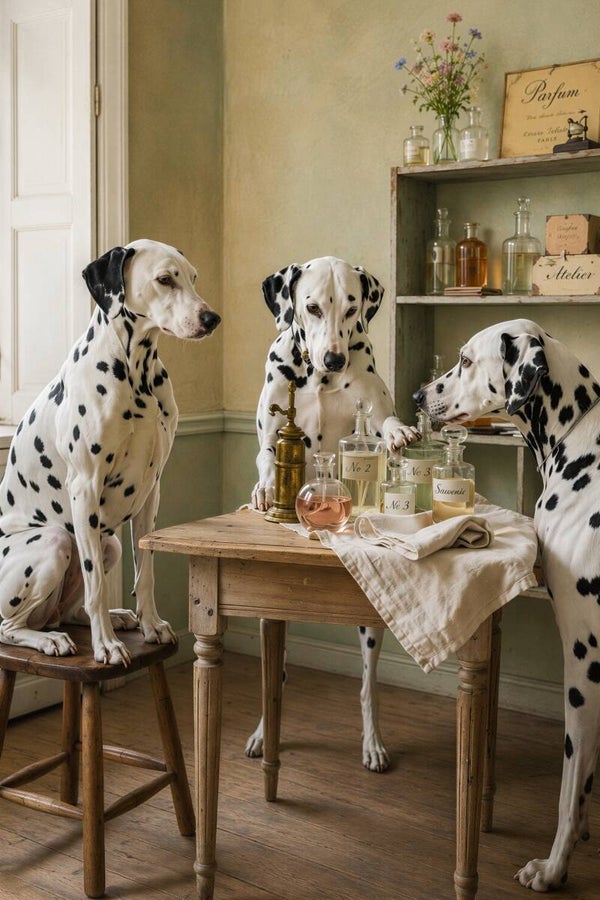 Atelier des Parfums – drie dalmatiërs aan tafel nostalgisch schilderij