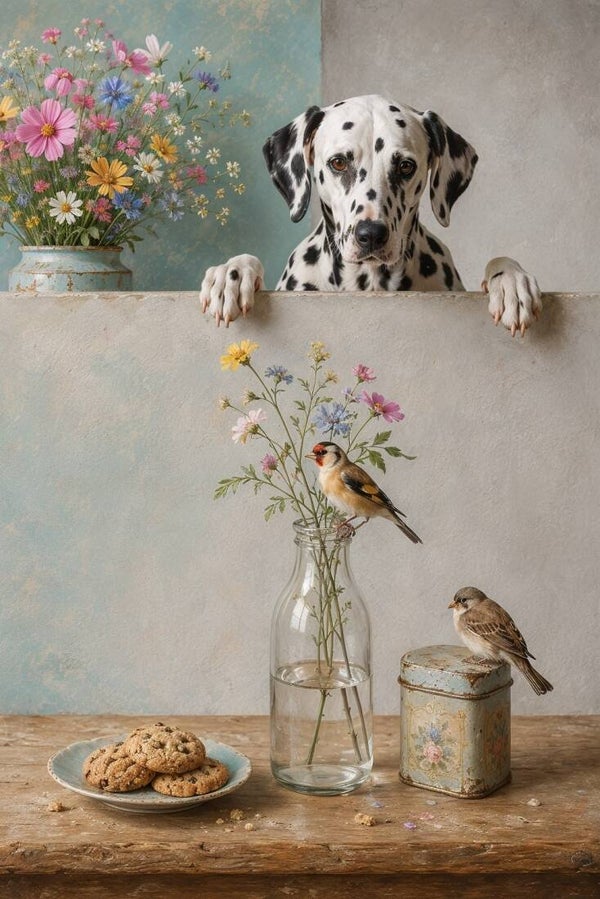 Nieuwsgierige Koekjesdief – landelijk schilderij dalmatiër putter mus bloemen