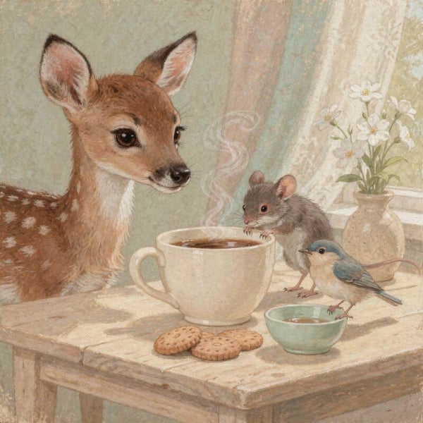 Samen aan Tafel – schilderij met hertje, muis en vogel in landelijke sfeer