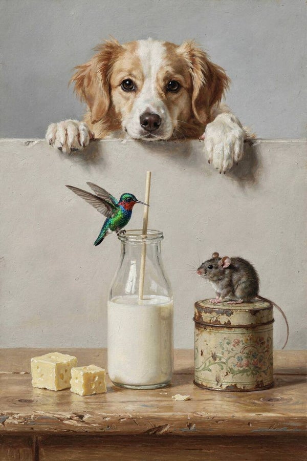 Nieuwsgierige Tafelgasten – hond schilderij met Nova Scotia Duck Tolling Retriever, muis en kolibrie