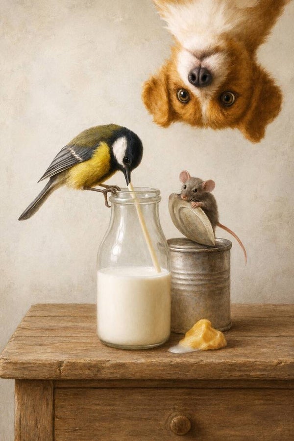 Ochtendgasten – Landelijk schilderij keuken wanddecoratie met vogel, muis en hond