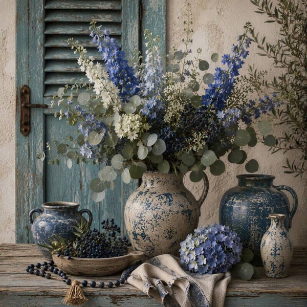 Blauwe Harmonie – landelijk Frans schilderij blauwe bloemen kruiken stilleven
