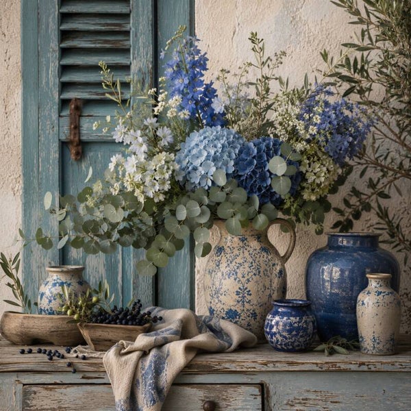 Franse Bloemenpracht – landelijk schilderij blauwe bloemen kruik stilleven