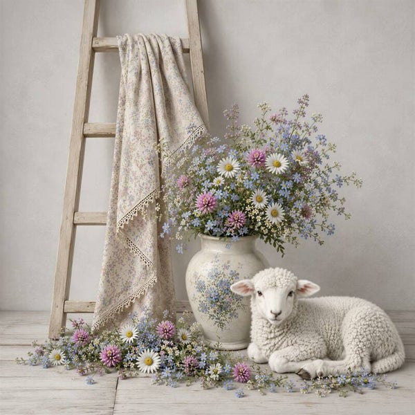 Landelijk Frans schilderij met lam en bloemen – brocante wanddecoratie