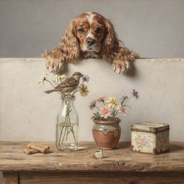 Bloemenbezoek – landelijk hond schilderij met Cavalier King Charles Spaniël, mus en veldbloemen