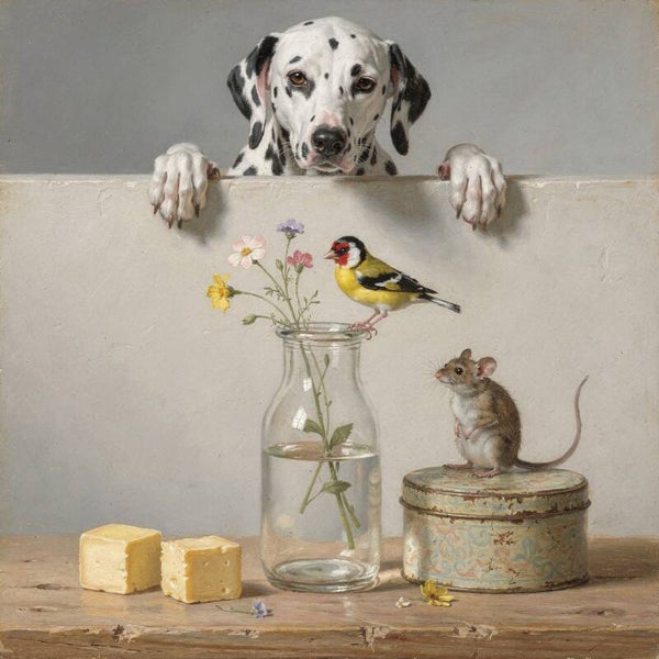 Nieuwsgierige stippen – landelijk hond schilderij met Dalmatiër, distelvink en muis