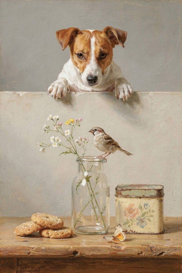 Koekjeswachter – landelijk hond schilderij met Jack Russell Terriër, mus en veldbloemen