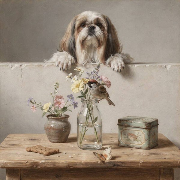 Bloemengeheim – landelijk hond schilderij met Shih Tzu, mus en veldbloemen
