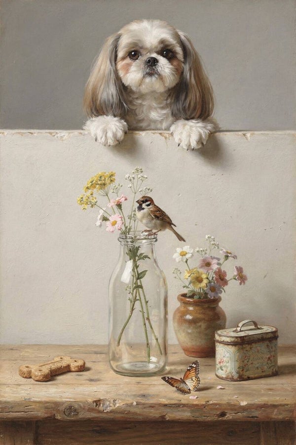 Bloembezoek – landelijk hond schilderij met Shih Tzu, mus en veldbloemen