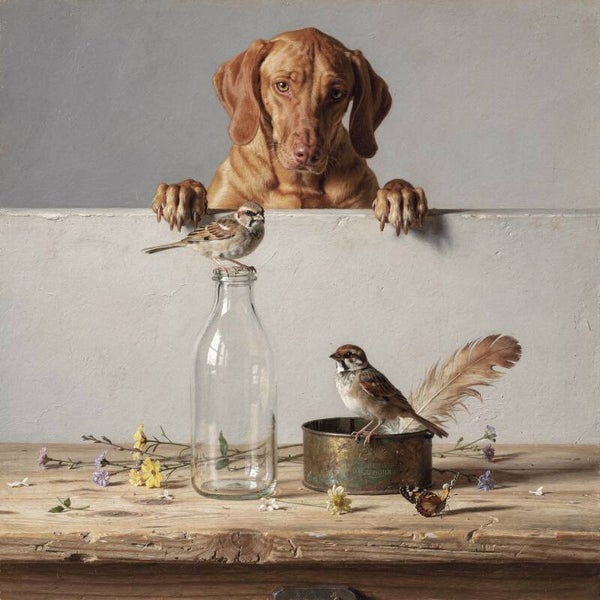 Veerlicht moment – landelijk hond schilderij met Vizsla en mussen in zacht stilleven