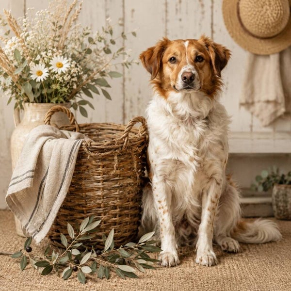 Zachte Vriend – landelijk honden schilderij warme natuurlijke stijl