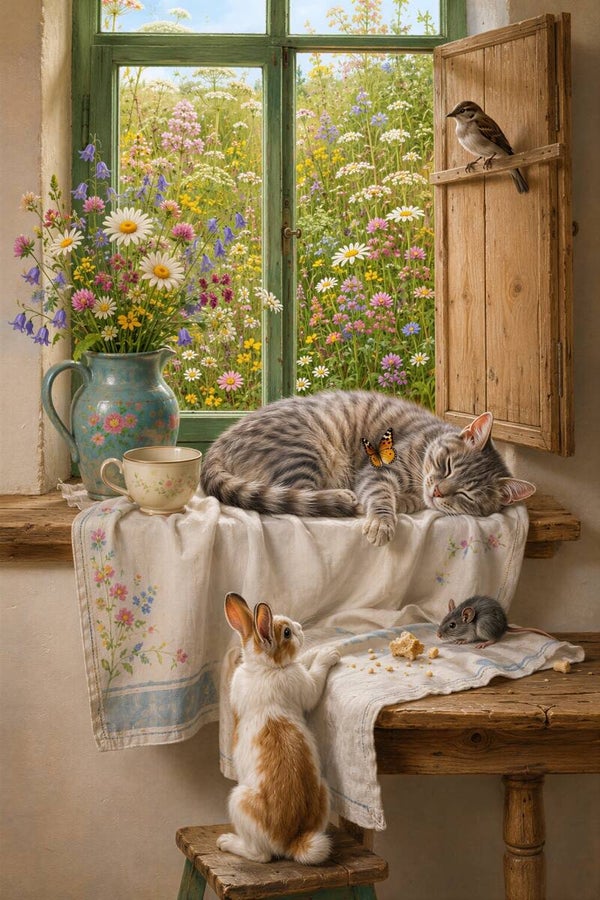 Venster vol Vrienden – landelijk schilderij kat konijn muis mus bloemen