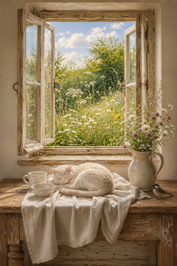 Ochtendstilte bij het open raam – landelijk schilderij kat bloemen raam