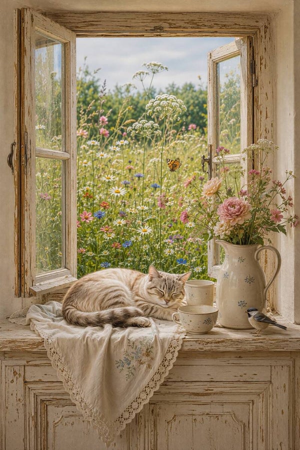 Rust aan het Open Raam – landelijk schilderij slapende kat bloemenweide pimpelmees