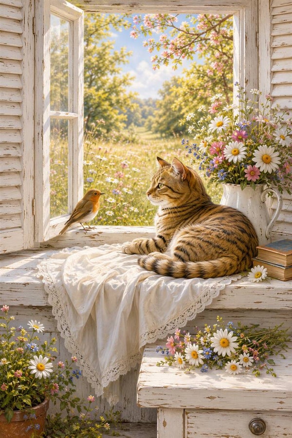 Raam vol Rust – landelijk katten schilderij raam vogel bloemen