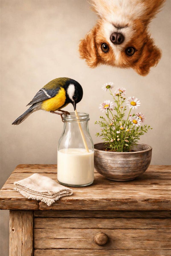 Melk voor de Mees – landelijk keuken schilderij met hond, vogel en bloemen