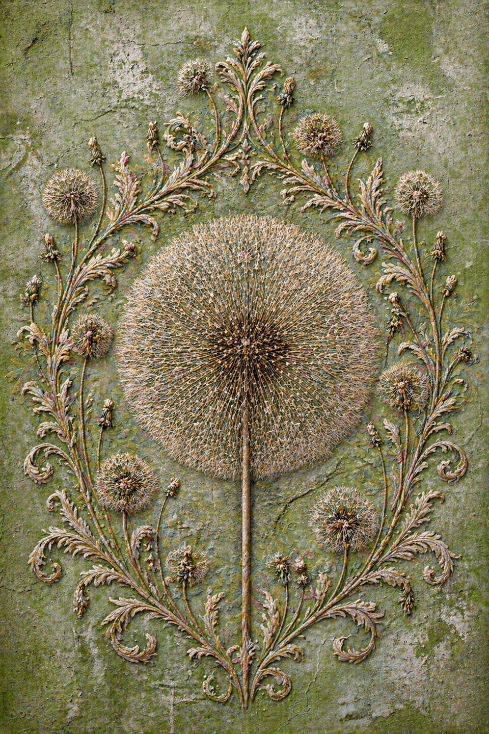 Paardenbloem Reliëf – landelijk klassiek schilderij met botanisch patroon