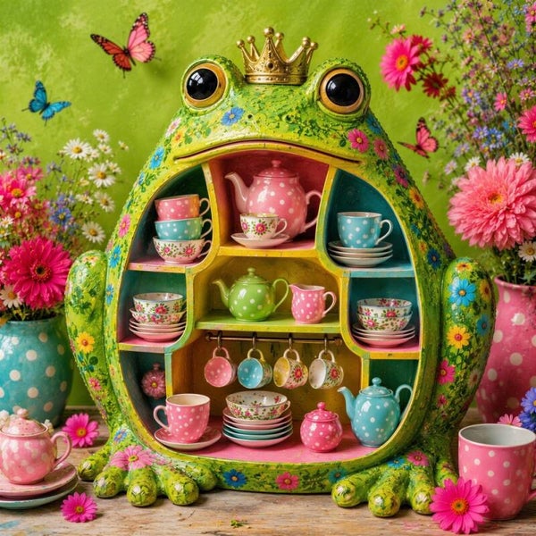 De Koninklijke Kikkerthee – kikker schilderij met servies bloemen kleurrijk landelijk