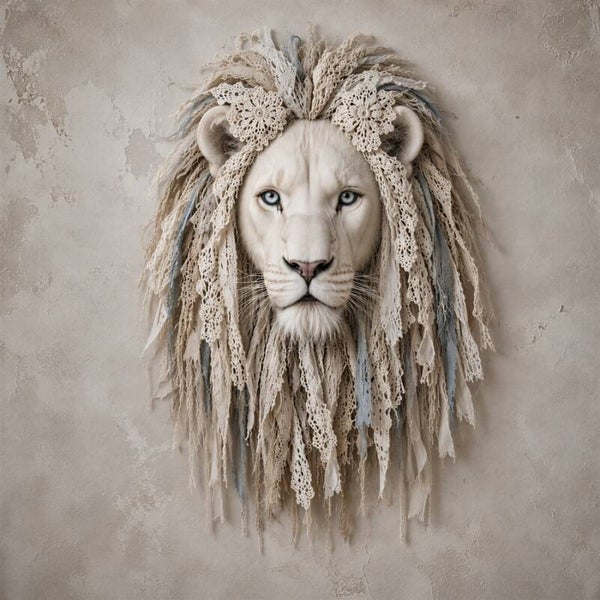 Bohemian Lion – landelijk leeuwenportret met kant en linnen