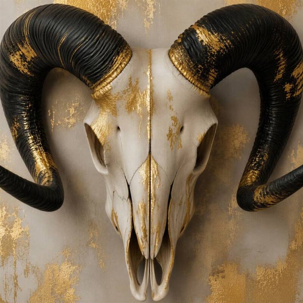 Landelijk luxe ramschedel schilderij zwart goud – hotel chic wanddecoratie
