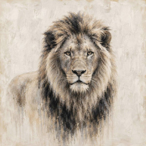 Stille Kracht – landelijk modern leeuw schilderij in zachte natuurtinten