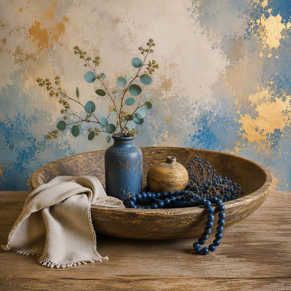 Landelijk modern stilleven schilderij blauw goud – wanddecoratie modern landelijk