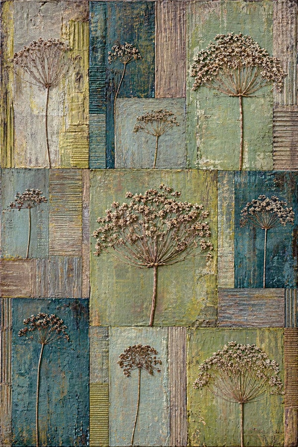 Vlakken & Bloemen – schilderij landelijk modern groen blauw droogbloemen