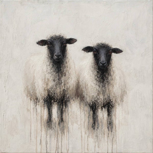 Wolken van Rust – landelijk modern schilderij met zwarte schapen