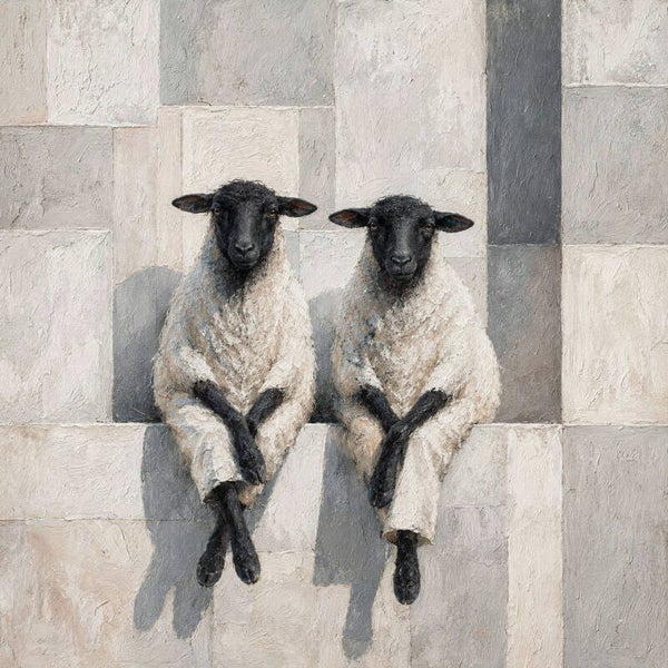 Stille Blik naast Elkaar – landelijk modern schilderij met schapen