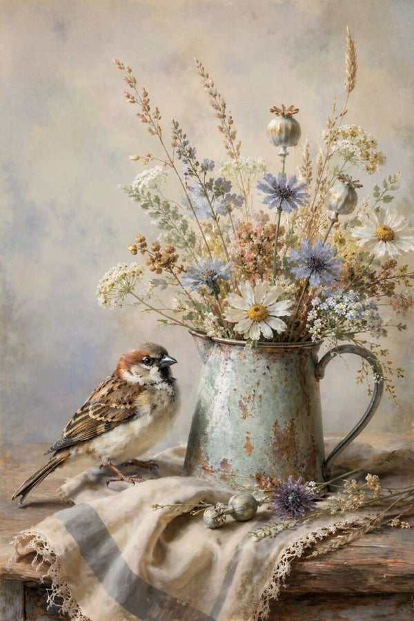 Veldbloemen en Vogelrust – landelijk cottage schilderij met mus