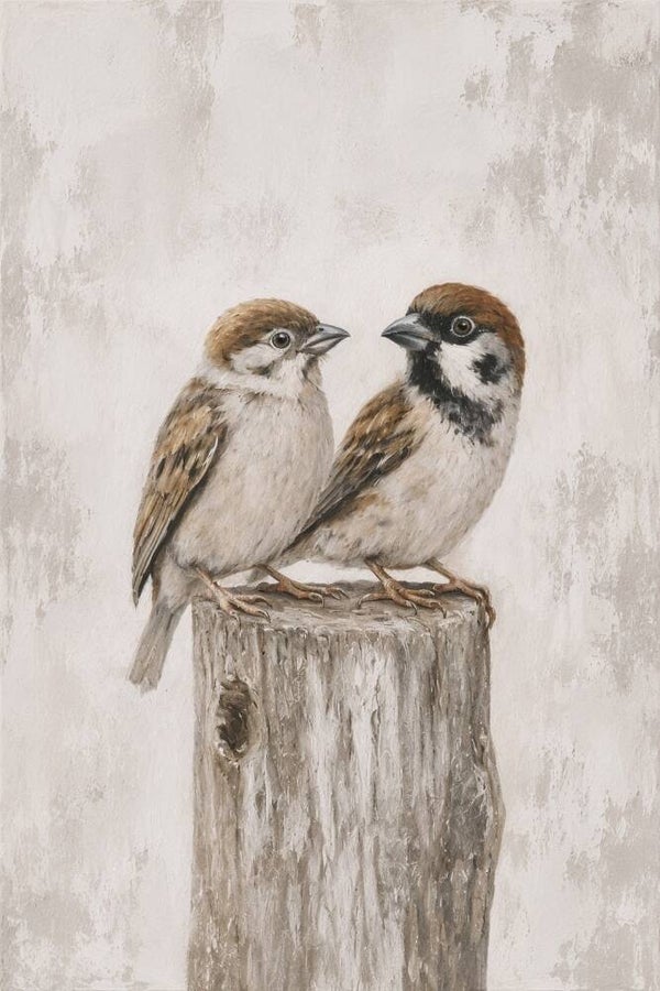 Stil Duo – landelijk schilderij mussen op houten stronk