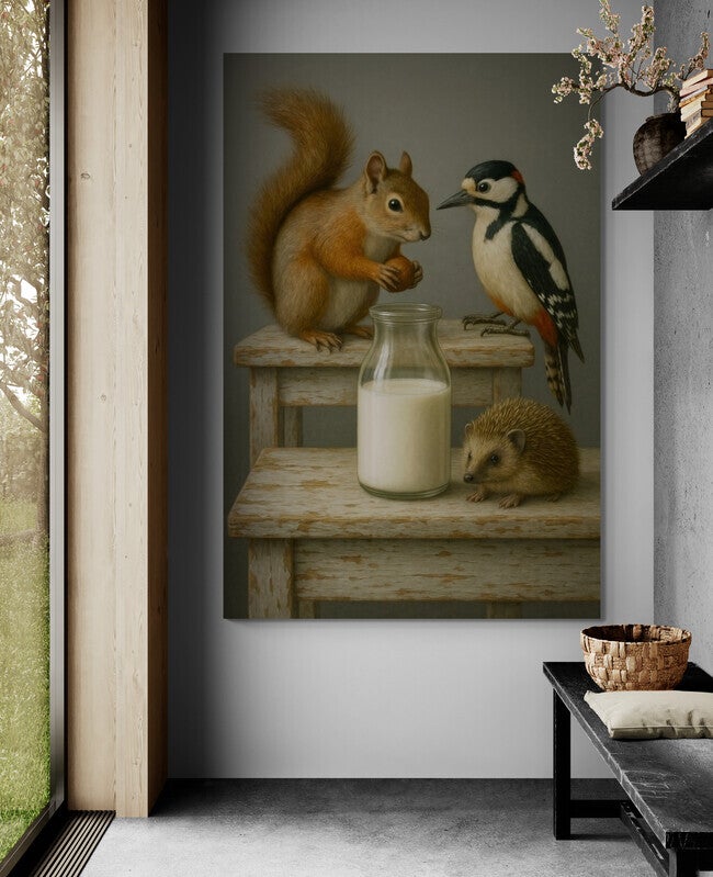 Rustiek schilderij met eekhoorn, specht en egel