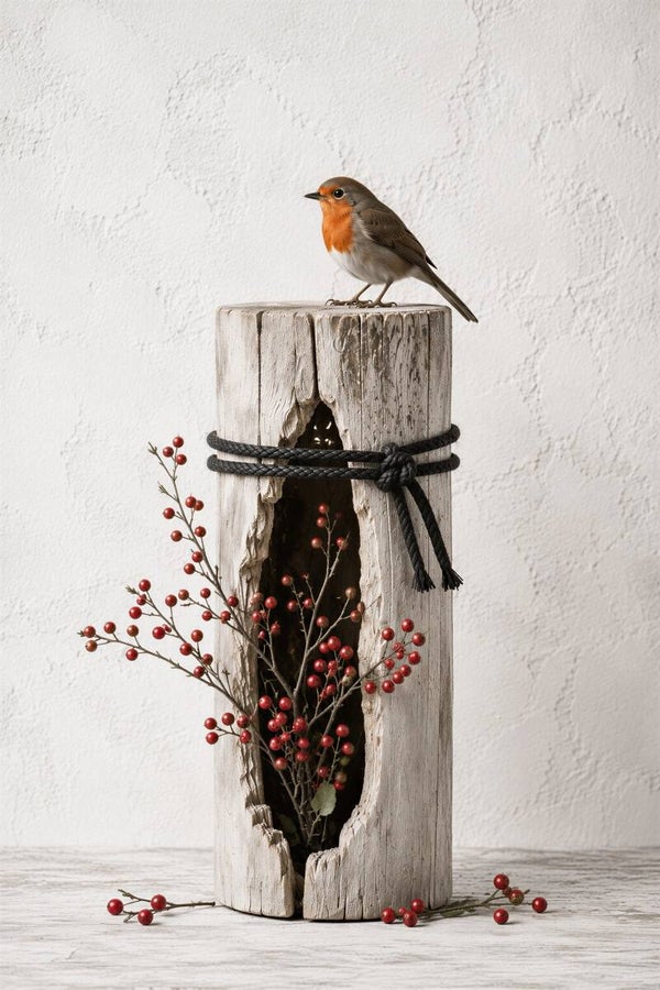 Roodborstje op Verweerd Hout – landelijk vogel schilderij met rode besjes