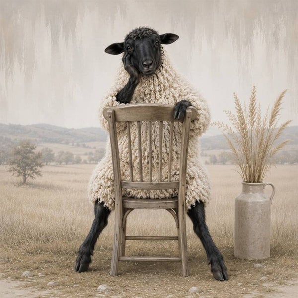 Even Niets – landelijk schapen schilderij met stoel