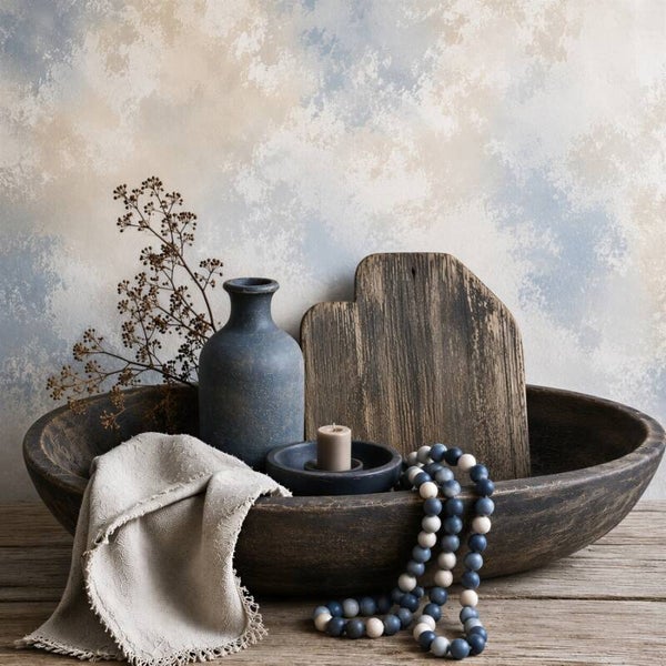 Blauwe Rust – landelijk schilderij houten schaal blauw stilleven