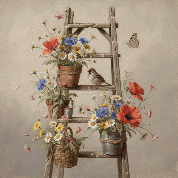 Ladder vol veldbloemen – landelijk schilderij met vogel en bloemen