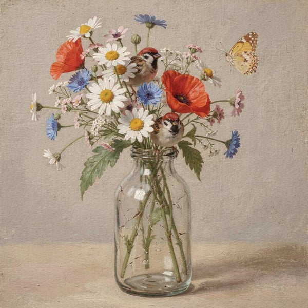Tuinbezoek – landelijk schilderij met veldbloemen en twee musjes