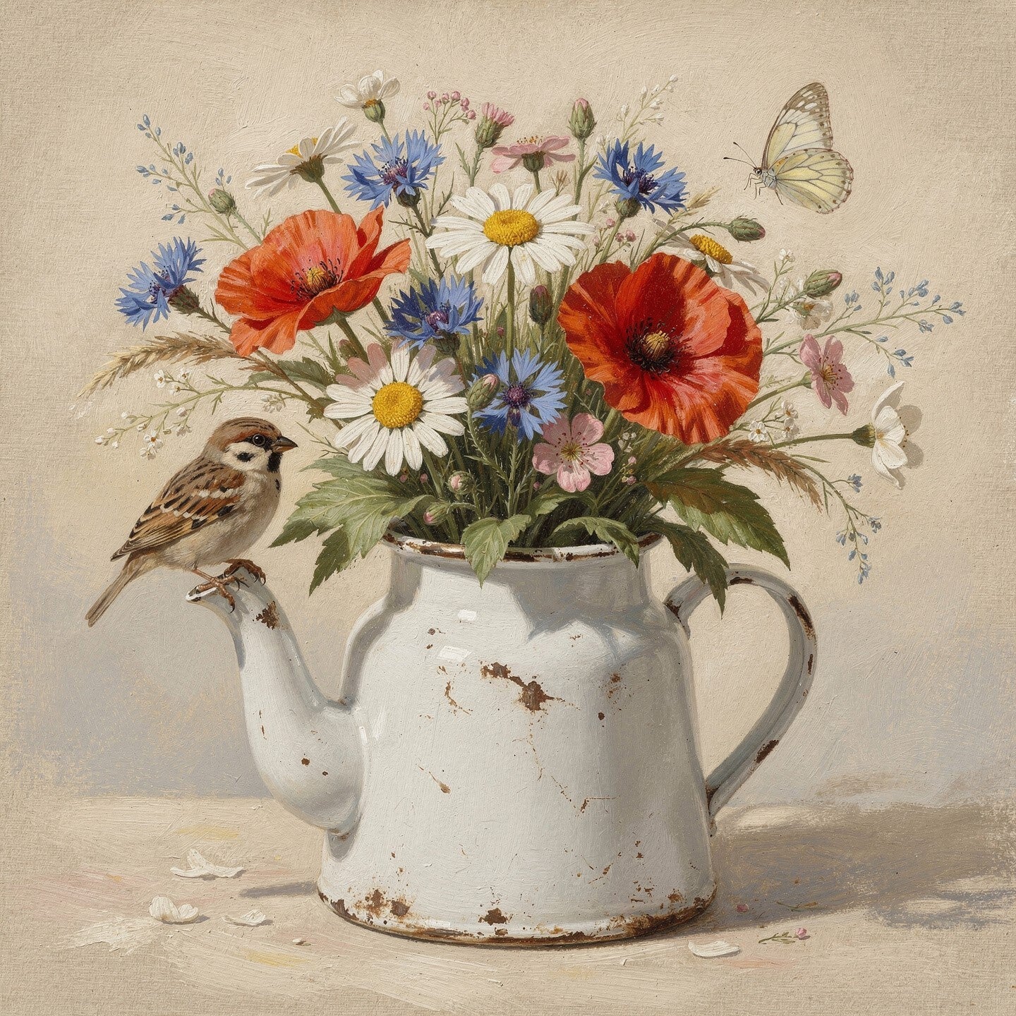 Tuinmoment – landelijk schilderij met veldbloemen en musje