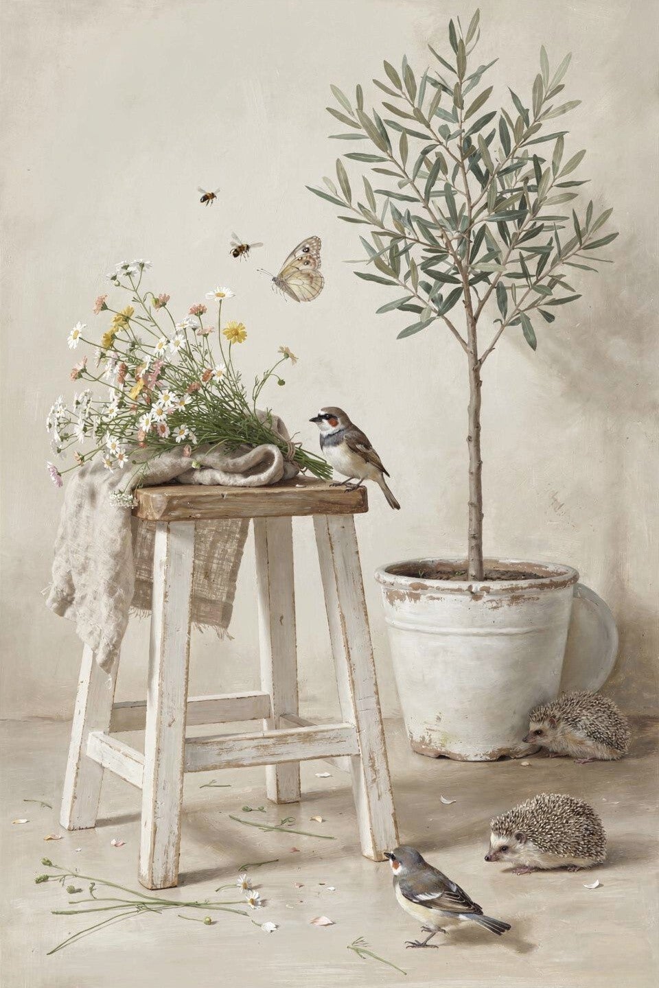 Waar het zacht landt – landelijk schilderij met bloemen, vogels en egeltjes