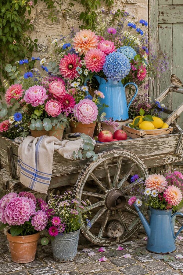 Bloemenkar vol Geluk – landelijk schilderij met bloemenkar en egel