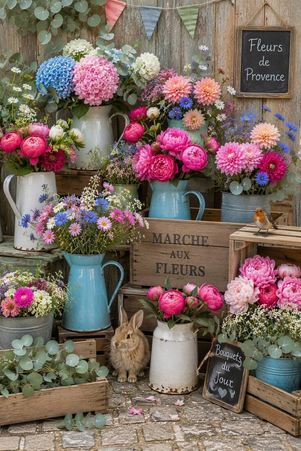 Bloemenmarkt vol Verwondering – landelijk schilderij met bloemen, konijn en roodborstje