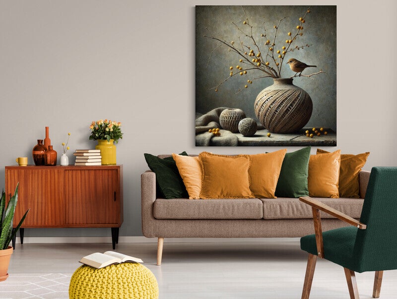 bloem schilderij met gele bessen en vogel in landelijke stijl
