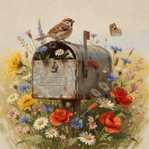 Post uit de tuin – landelijk schilderij met musje en veldbloemen
