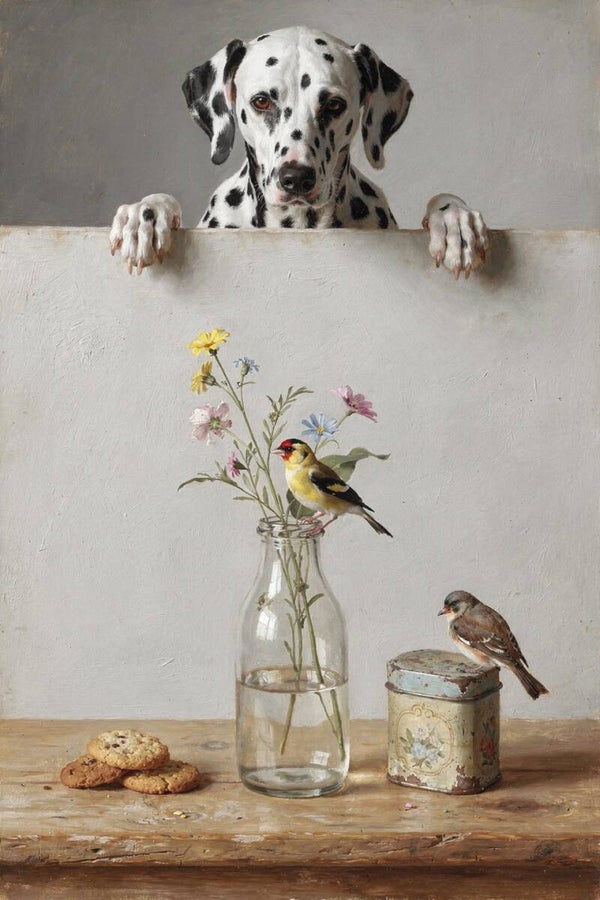 Koekjestijd – landelijk schilderij met dalmatiër hond, distelvink en veldbloemen