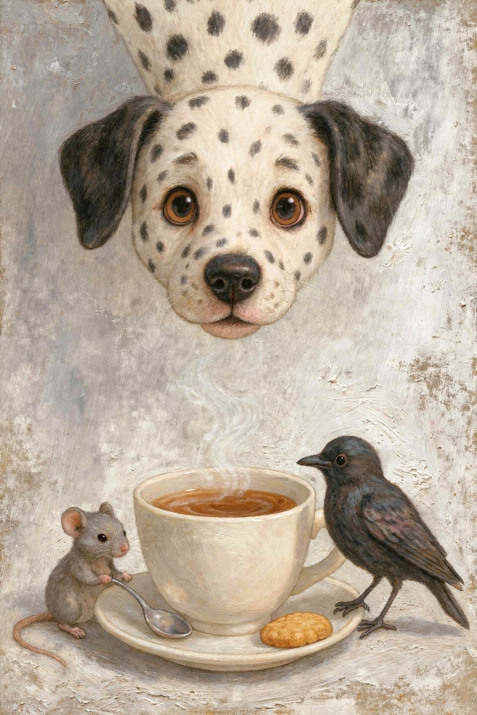 Stipgeluk – landelijk schilderij dalmatiër met koffie en dieren