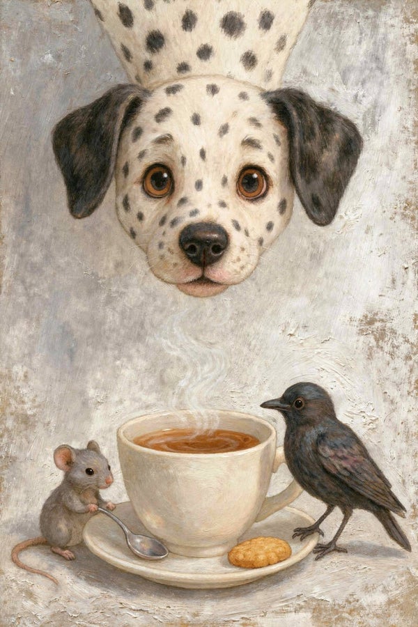 Stipgeluk – landelijk schilderij dalmatiër met koffie en dieren