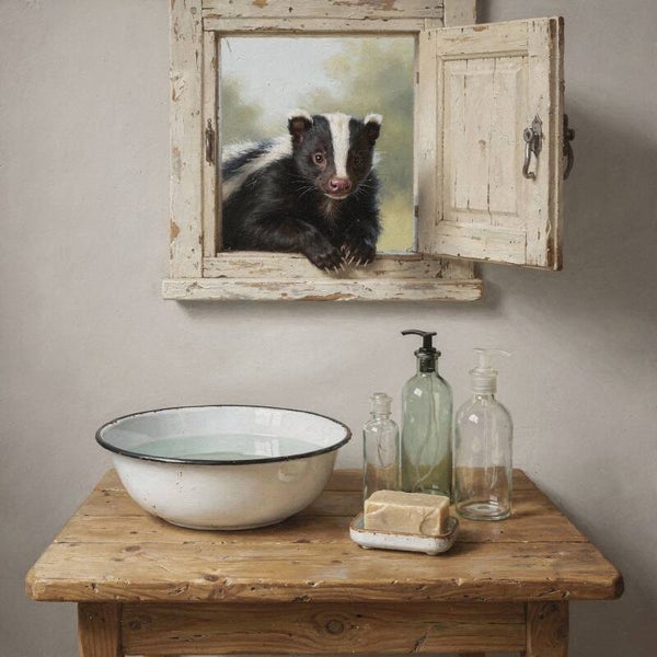 Nieuwsgierig aan het raam – landelijk schilderij met dasje en emaille schaal